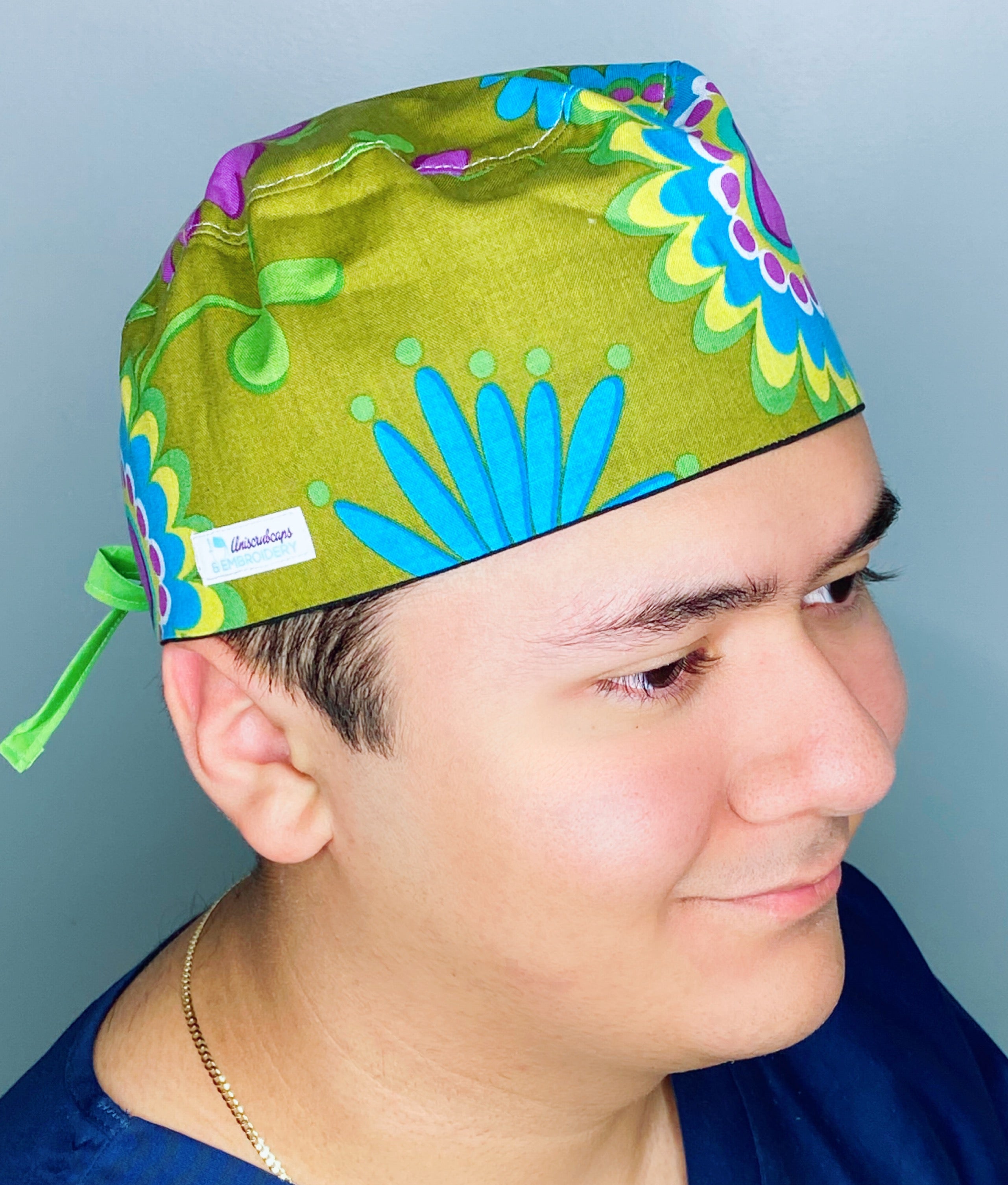 Big Colorful Flowers on Green Floral Design Unisex Cute Scrub Cap