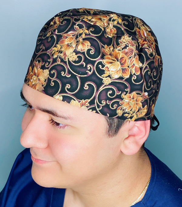 Brown & Gold Glitter Arabesque Mandala Floral Design Unisex Cute Scrub Cap