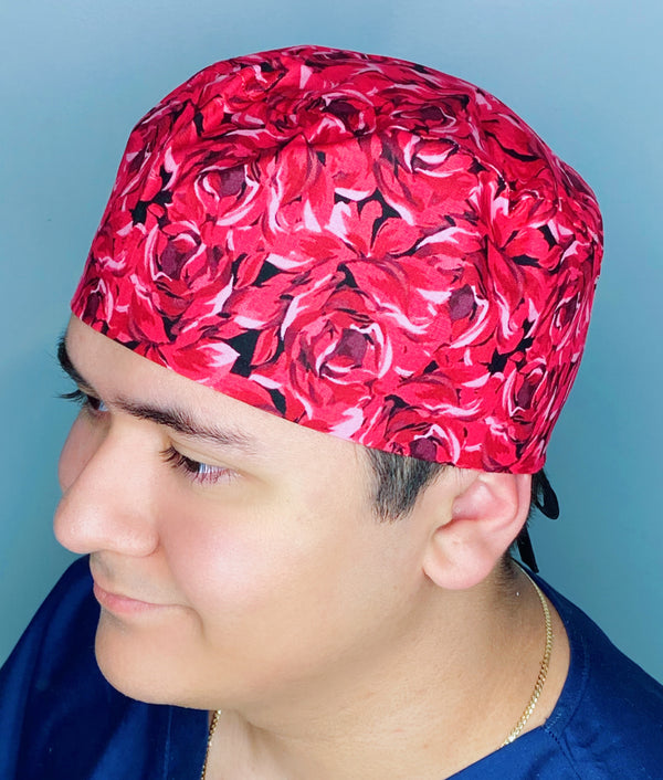 Bright Red Floral Design Unisex Cute Scrub Cap