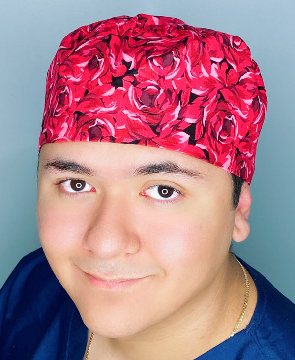 Bright Red Floral Design Unisex Cute Scrub Cap