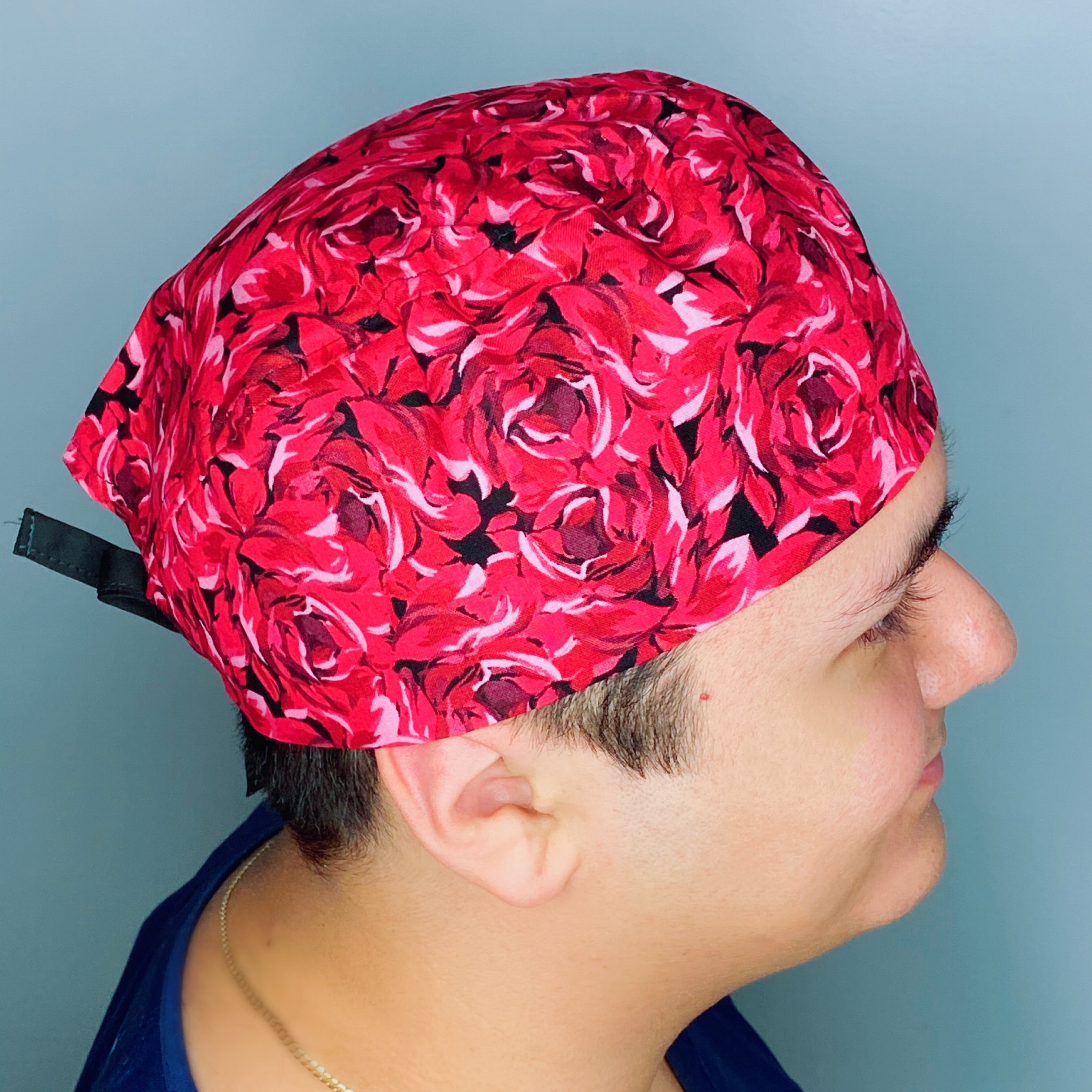 Bright Red Floral Design Unisex Cute Scrub Cap