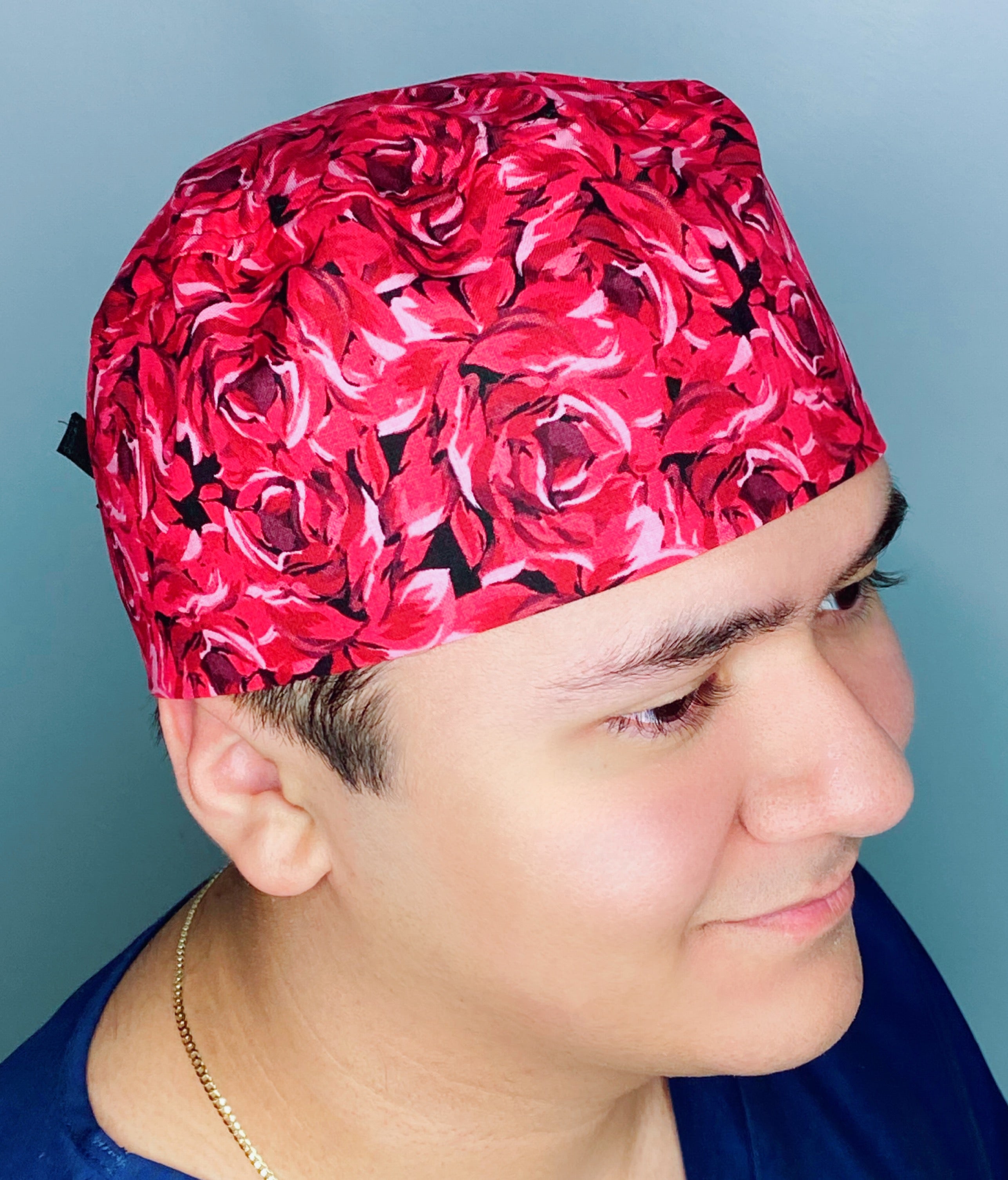Bright Red Floral Design Unisex Cute Scrub Cap