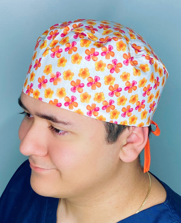 Small Orange & Pink Daisies on White Floral Design Unisex Cute Scrub Cap