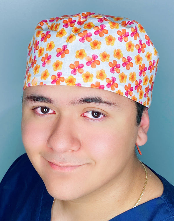 Small Orange & Pink Daisies on White Floral Design Unisex Cute Scrub Cap