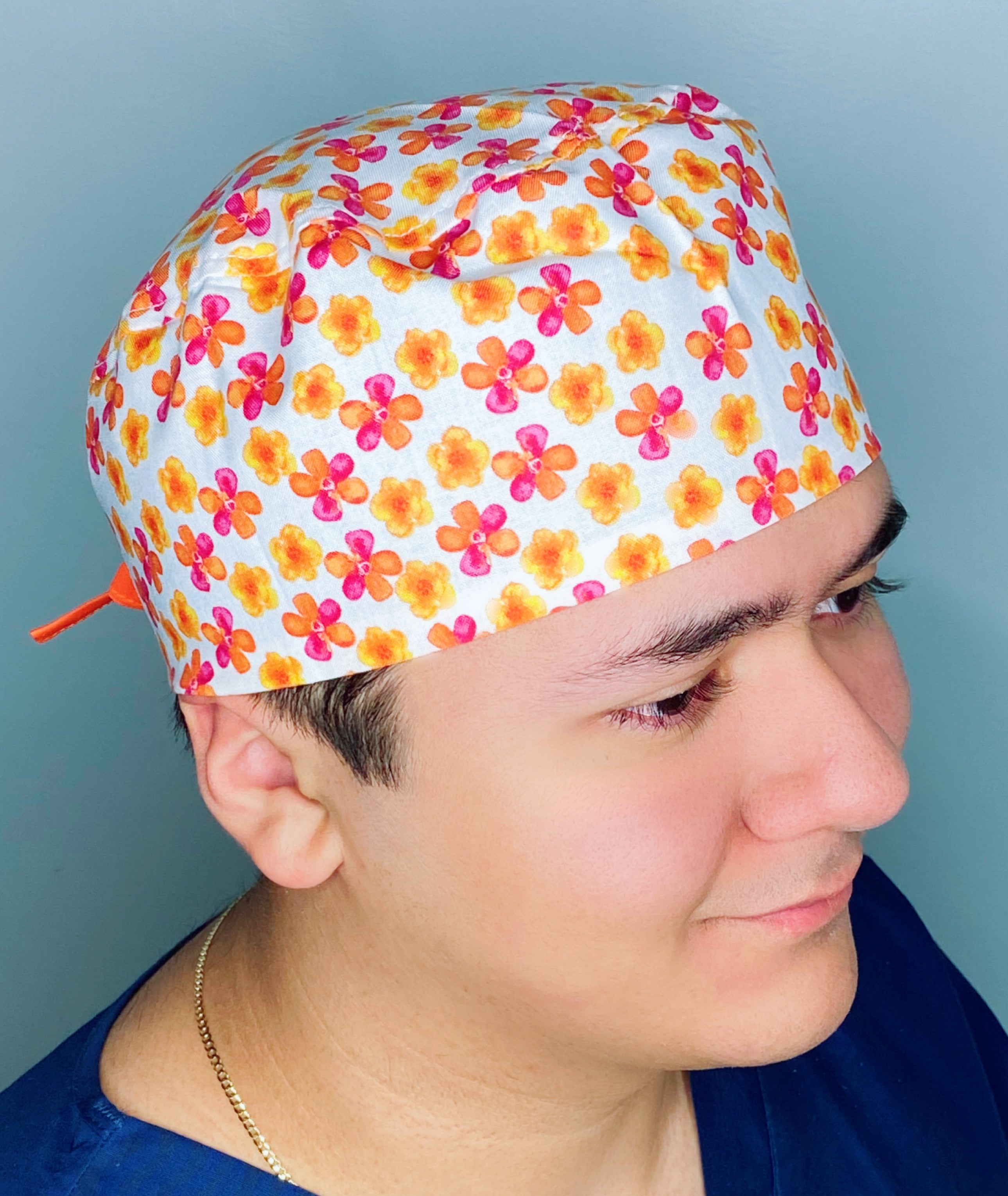 Small Orange & Pink Daisies on White Floral Design Unisex Cute Scrub Cap
