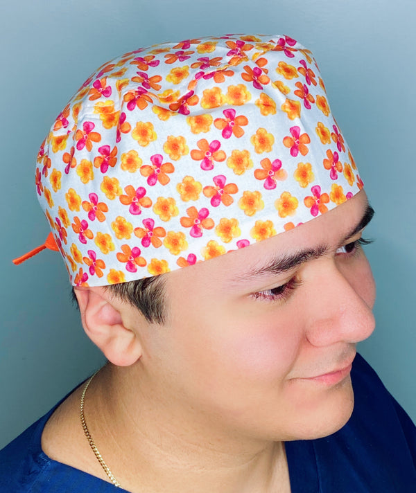 Small Orange & Pink Daisies on White Floral Design Unisex Cute Scrub Cap