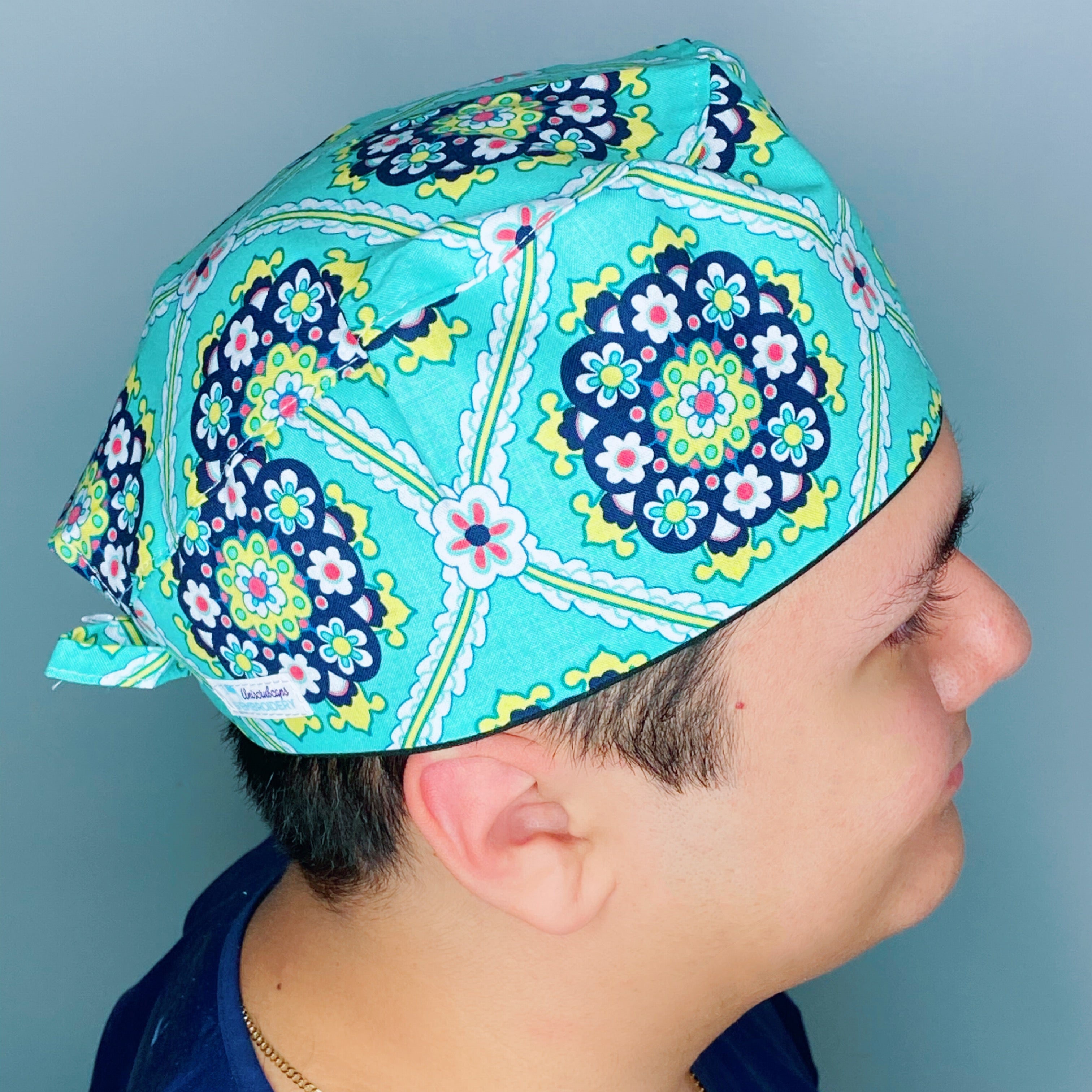 Turquoise Arabesque Mandala Floral Design Unisex Cute Scrub Cap