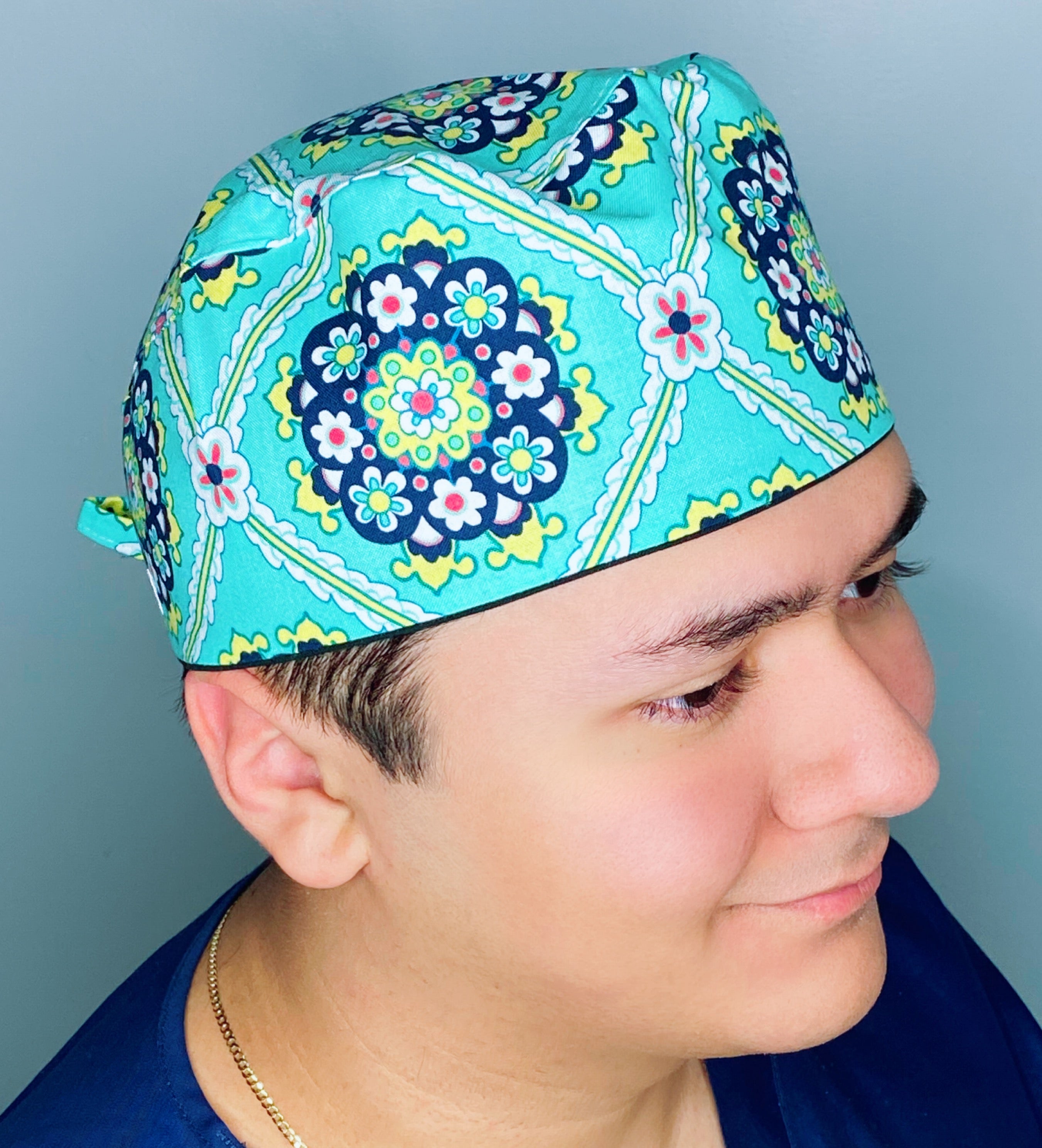 Turquoise Arabesque Mandala Floral Design Unisex Cute Scrub Cap