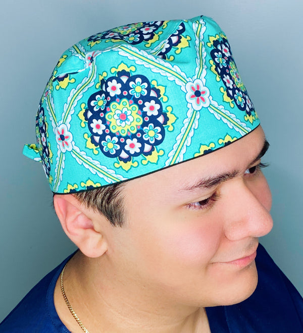 Turquoise Arabesque Mandala Floral Design Unisex Cute Scrub Cap