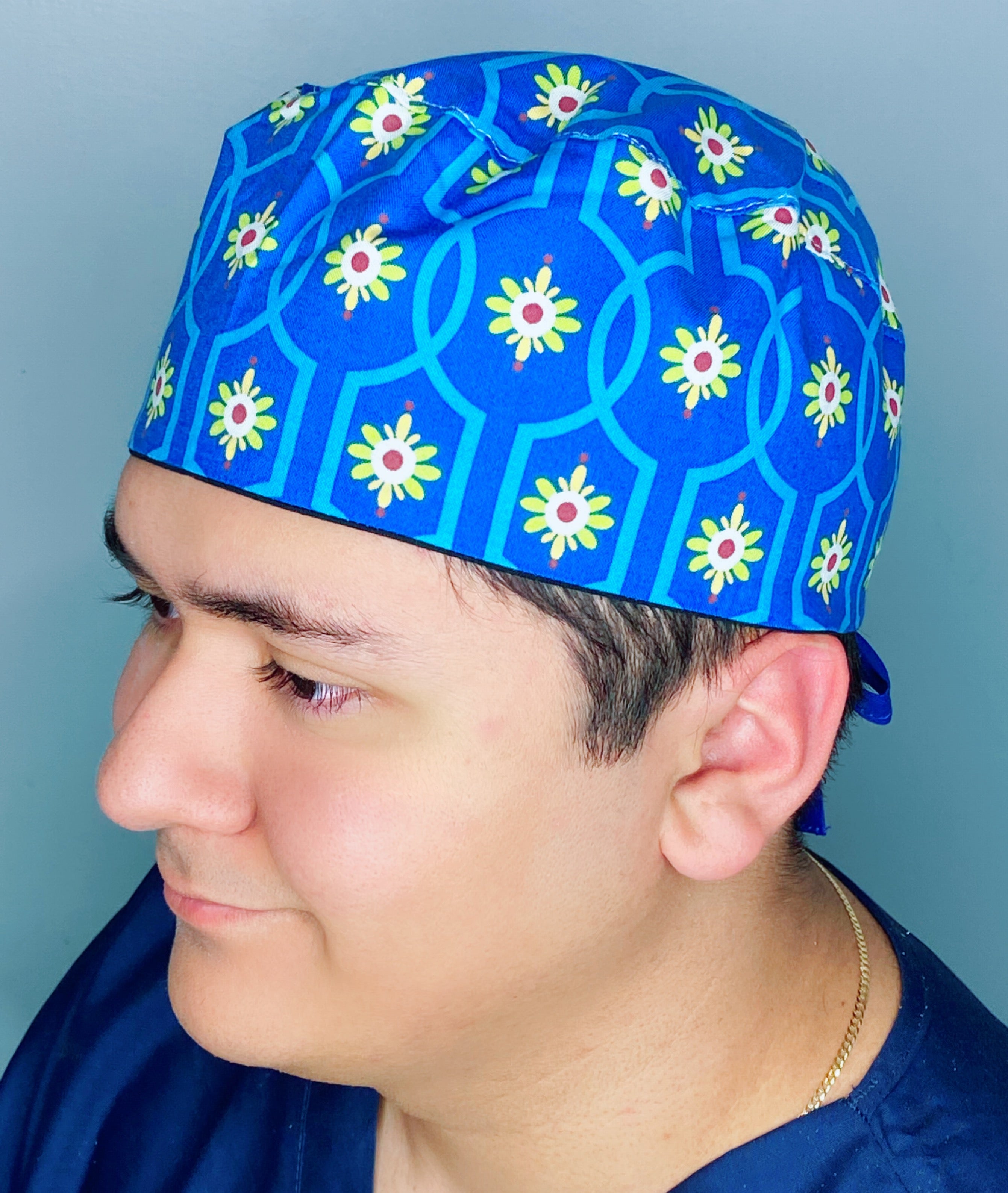 Lime Green Flowers on Blue Arabesque Mandala Floral Design Unisex Cute Scrub Cap