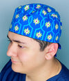 Lime Green Flowers on Blue Arabesque Mandala Floral Design Unisex Cute Scrub Cap