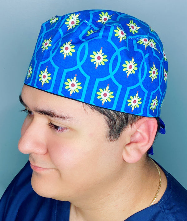 Lime Green Flowers on Blue Arabesque Mandala Floral Design Unisex Cute Scrub Cap