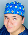 Lime Green Flowers on Blue Arabesque Mandala Floral Design Unisex Cute Scrub Cap