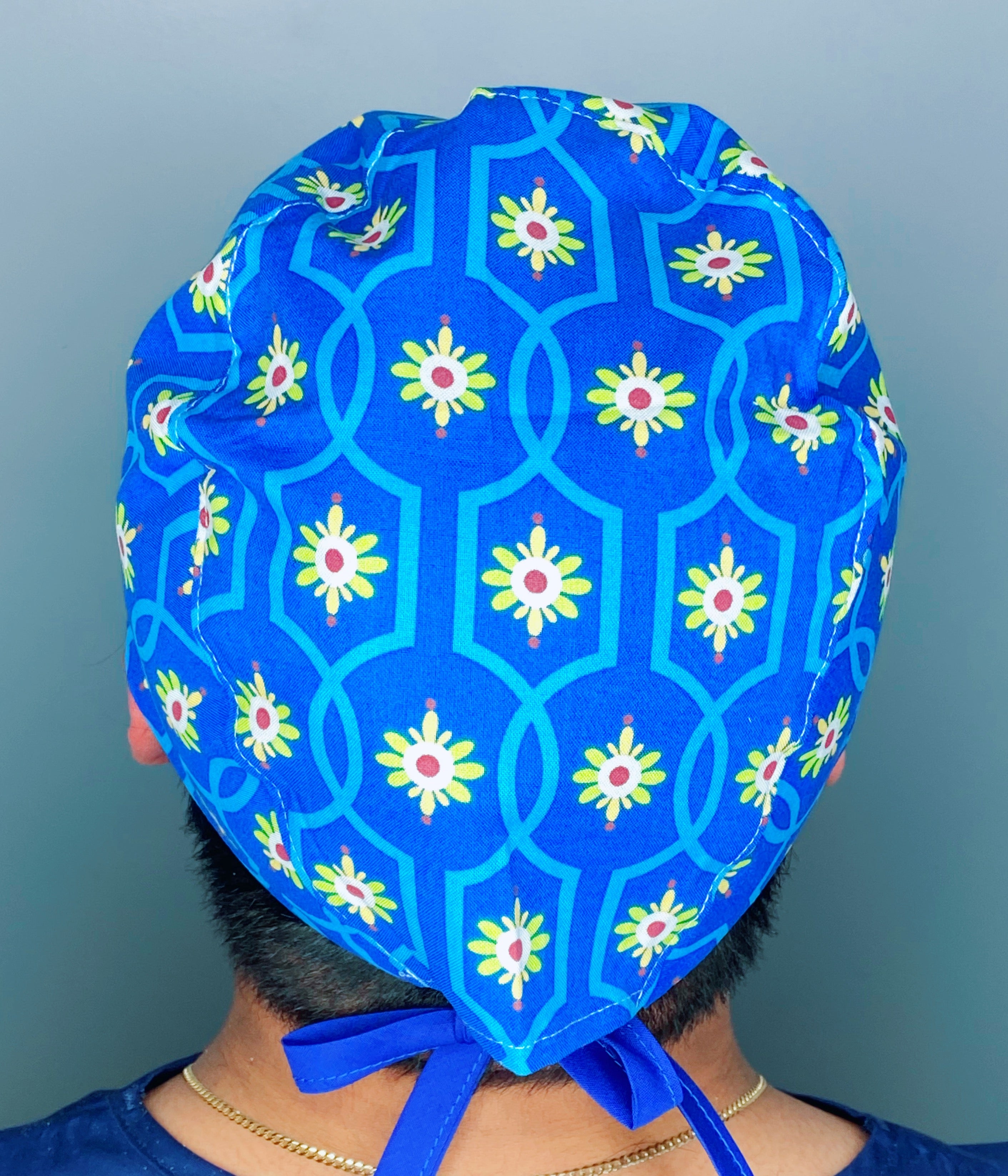 Lime Green Flowers on Blue Arabesque Mandala Floral Design Unisex Cute Scrub Cap
