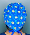 Lime Green Flowers on Blue Arabesque Mandala Floral Design Unisex Cute Scrub Cap