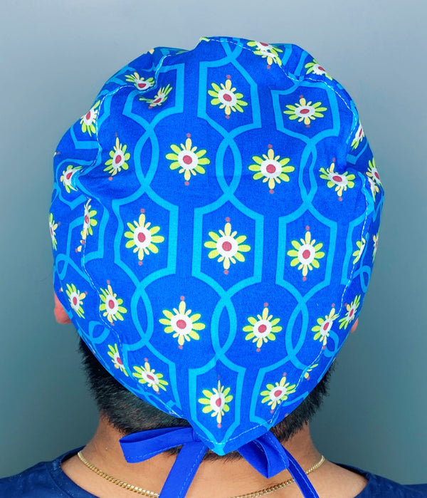 Lime Green Flowers on Blue Arabesque Mandala Floral Design Unisex Cute Scrub Cap