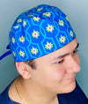 Lime Green Flowers on Blue Arabesque Mandala Floral Design Unisex Cute Scrub Cap