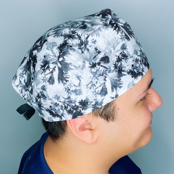 Black & White Leaf Floral Design Unisex Cute Scrub Cap