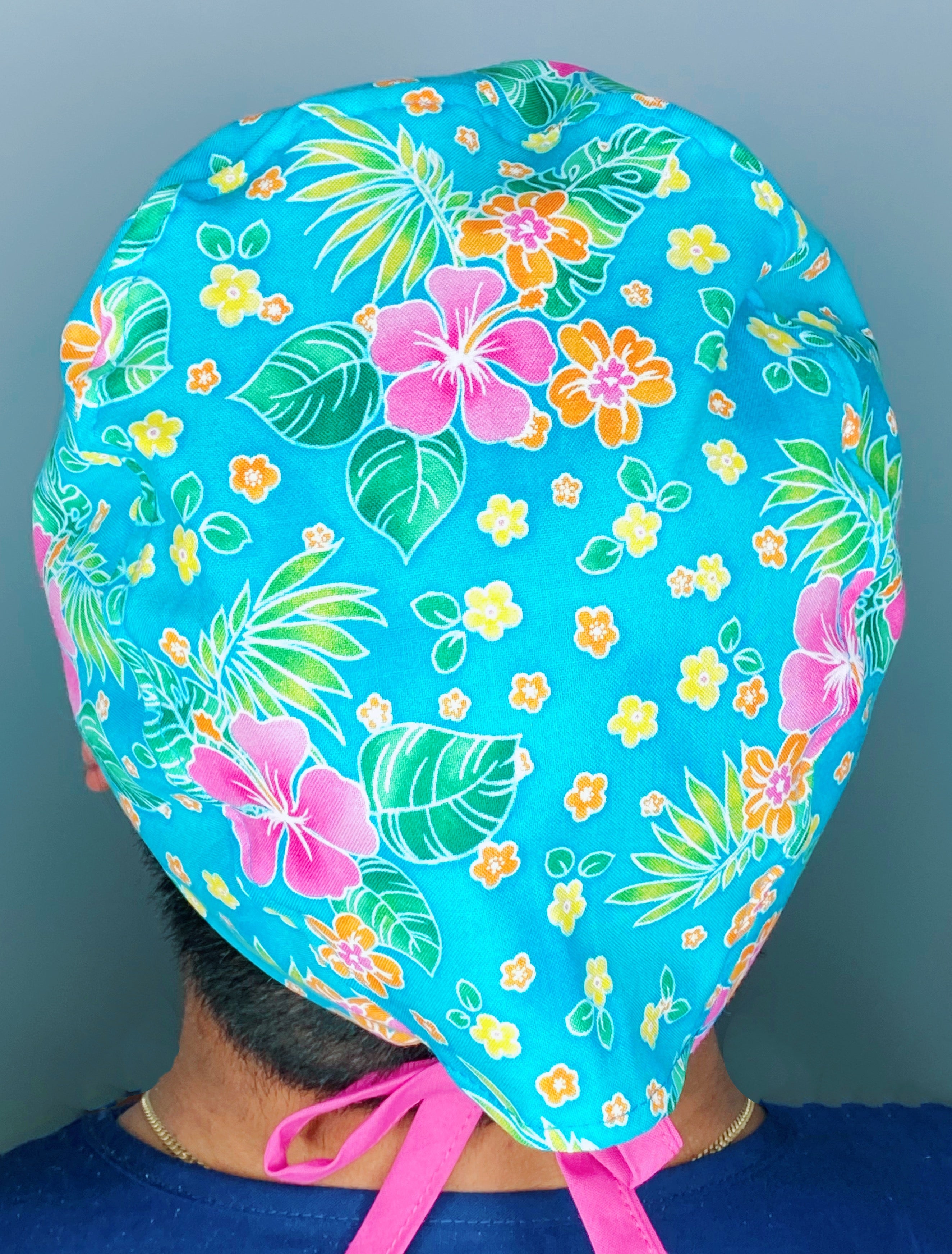 Pink & Orange Hibiscus Hawaiian Flowers Floral Design Unisex Cute Scrub Cap
