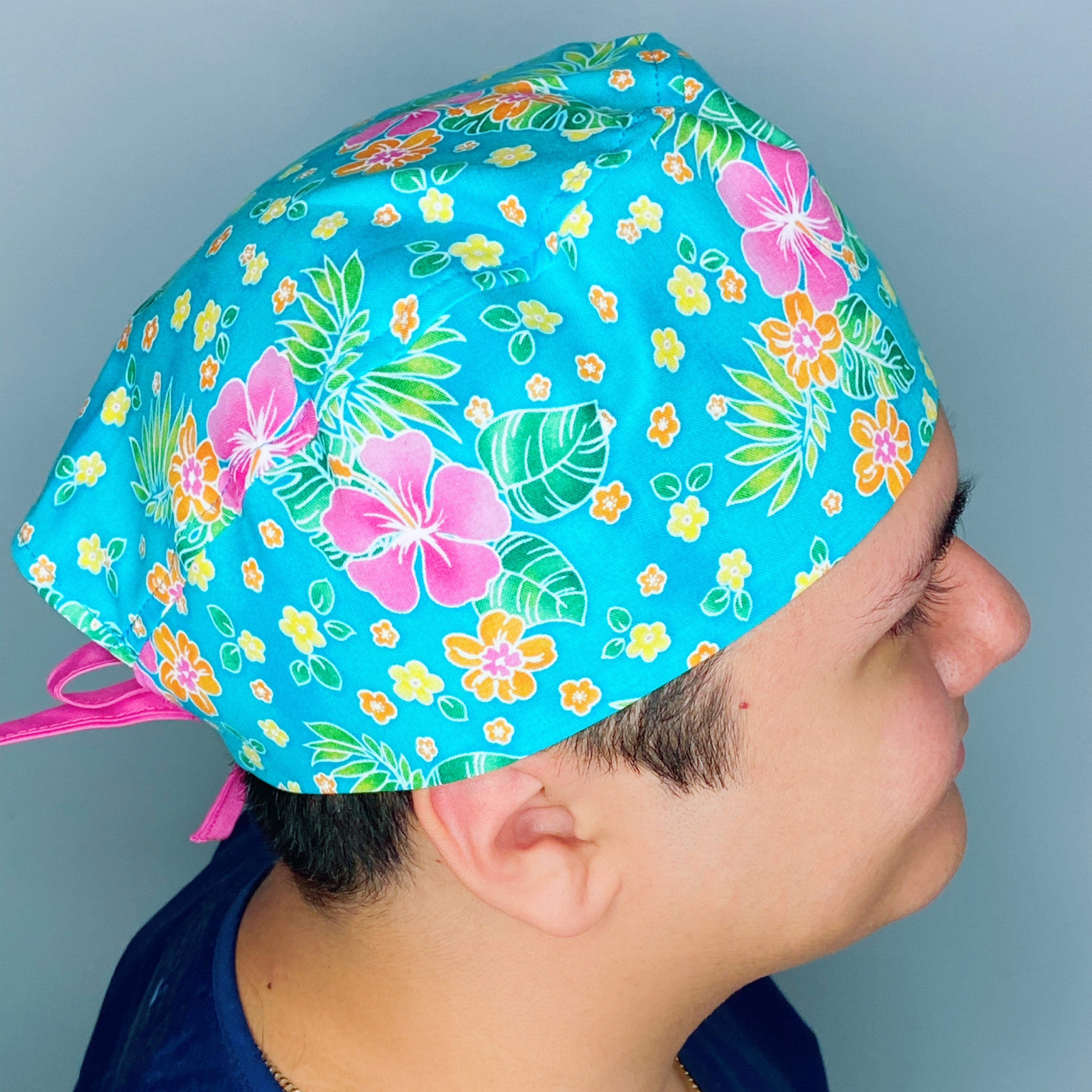 Pink & Orange Hibiscus Hawaiian Flowers Floral Design Unisex Cute Scrub Cap
