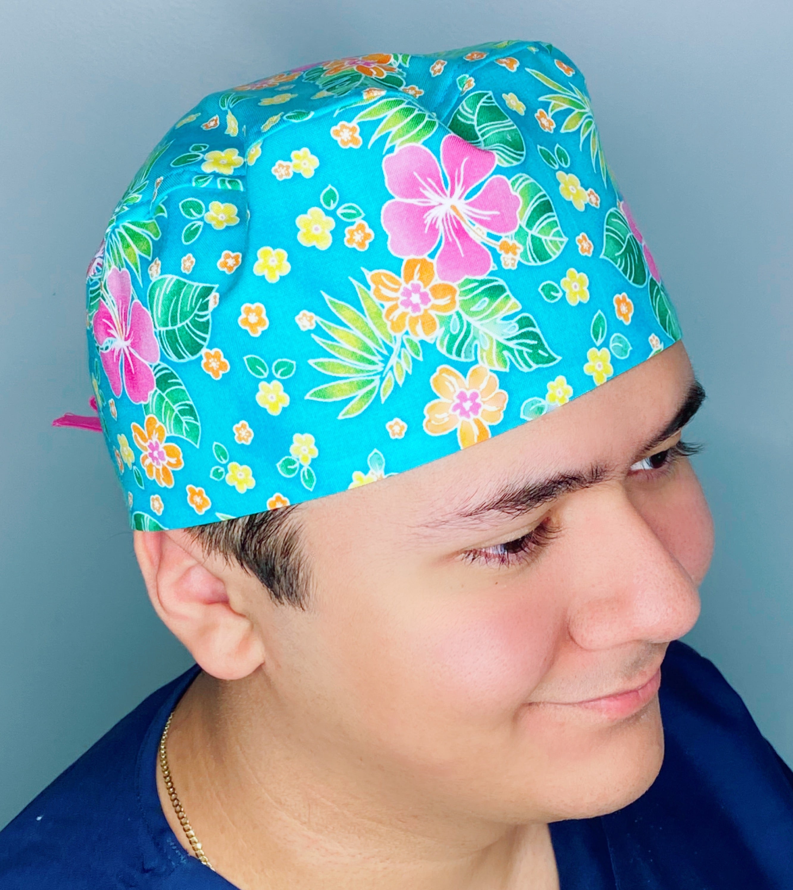 Pink & Orange Hibiscus Hawaiian Flowers Floral Design Unisex Cute Scrub Cap