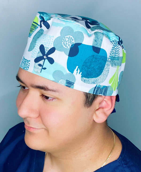 Geometric Shapes & Flowers on White Floral Design Unisex Cute Scrub Cap