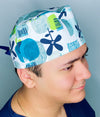 Geometric Shapes & Flowers on White Floral Design Unisex Cute Scrub Cap