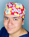 Hibiscus Hawaiian Flowers on Bright Pink Floral Design Unisex Cute Scrub Cap