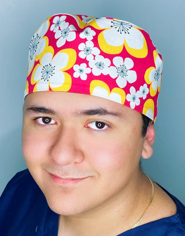 Hibiscus Hawaiian Flowers on Bright Pink Floral Design Unisex Cute Scrub Cap