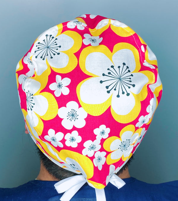 Hibiscus Hawaiian Flowers on Bright Pink Floral Design Unisex Cute Scrub Cap