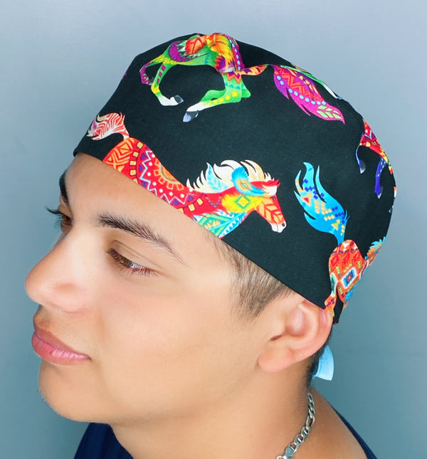 Colorful Aztec Horses on Black Unisex Animal Scrub Cap