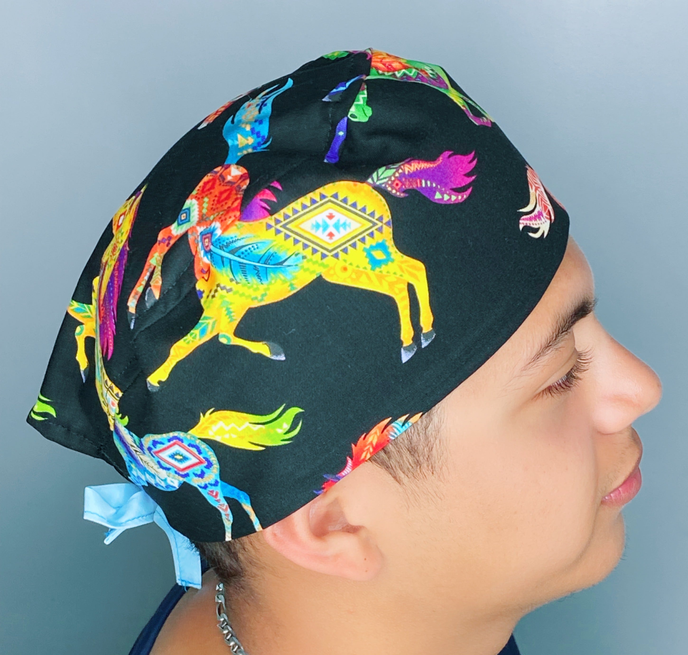Colorful Aztec Horses on Black Unisex Animal Scrub Cap