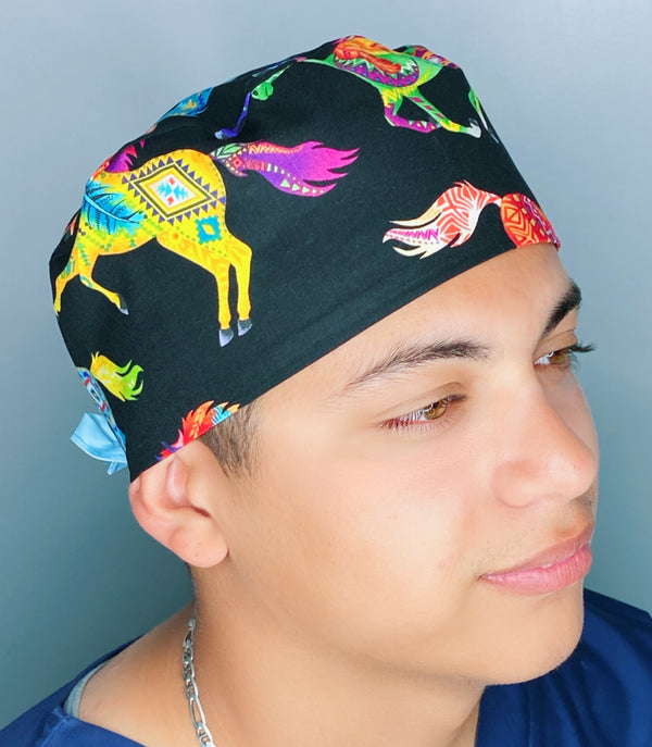 Colorful Aztec Horses on Black Unisex Animal Scrub Cap