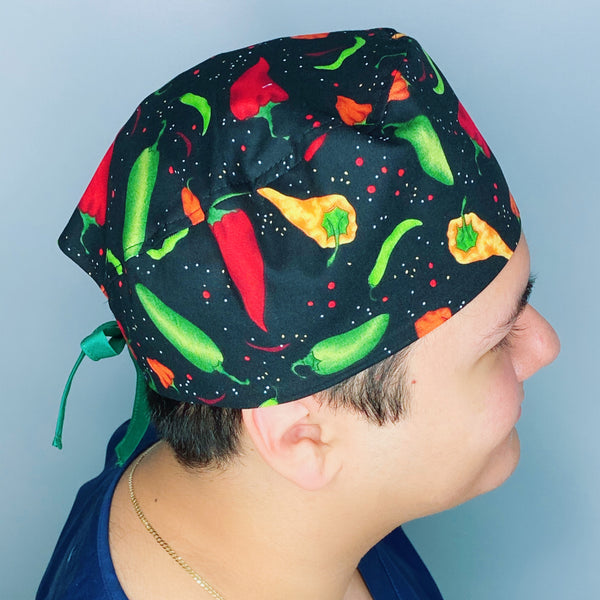 Hot Peppers on Black Unisex Food Scrub Cap