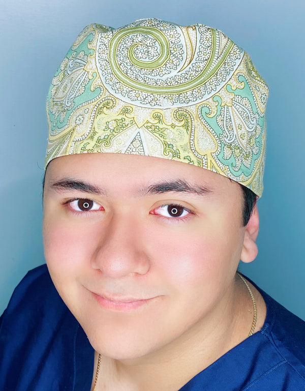 Yellow & Aqua Arabesque Mandala Floral Design Unisex Cute Scrub Cap