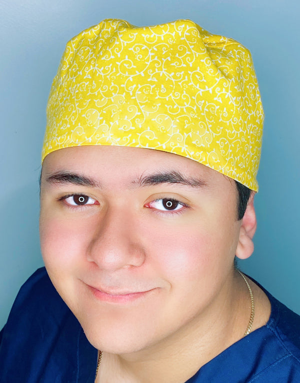 Yellow & White Arabesque Mandala Floral Design Unisex Cute Scrub Cap