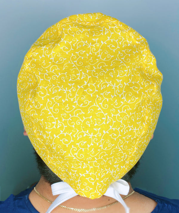 Yellow & White Arabesque Mandala Floral Design Unisex Cute Scrub Cap