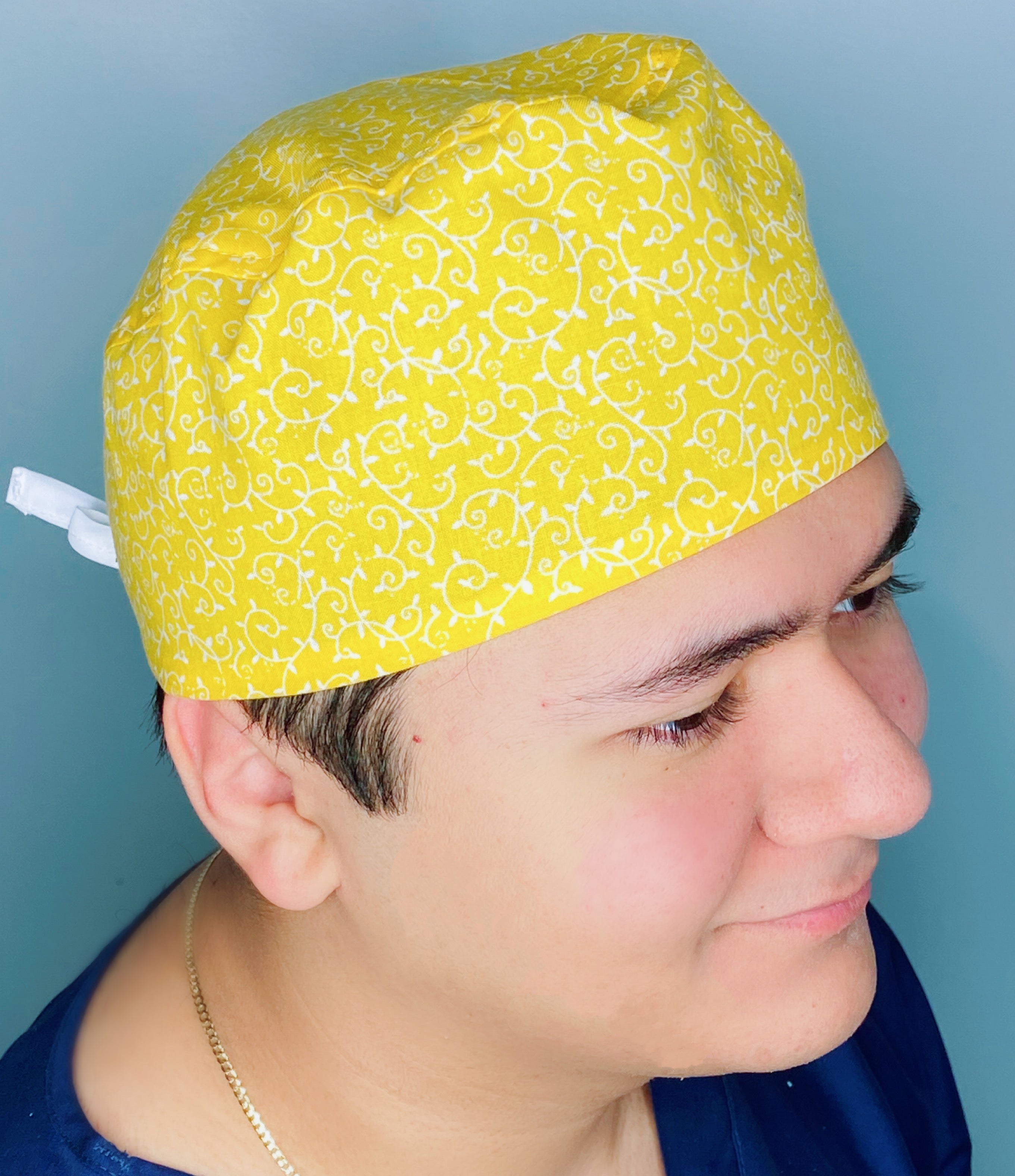 Yellow & White Arabesque Mandala Floral Design Unisex Cute Scrub Cap