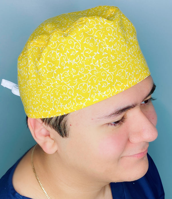 Yellow & White Arabesque Mandala Floral Design Unisex Cute Scrub Cap