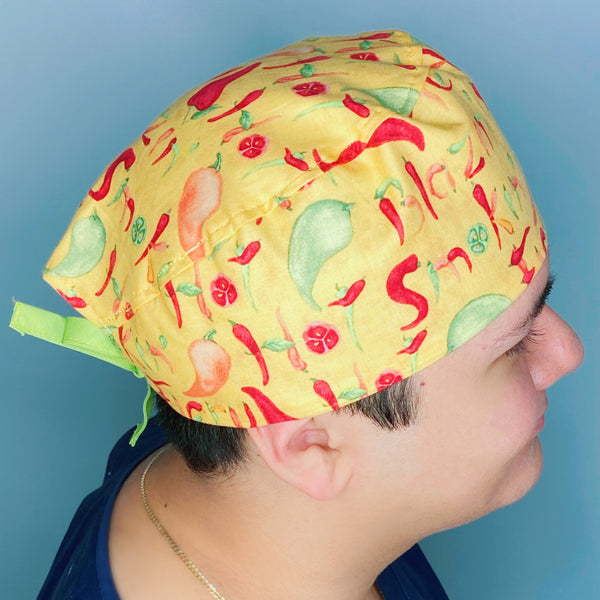 Hot Peppers on Yellow Unisex Food Scrub Cap