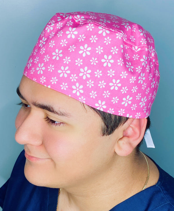 Small White Daisies on Pink Floral Design Unisex Cute Scrub Cap