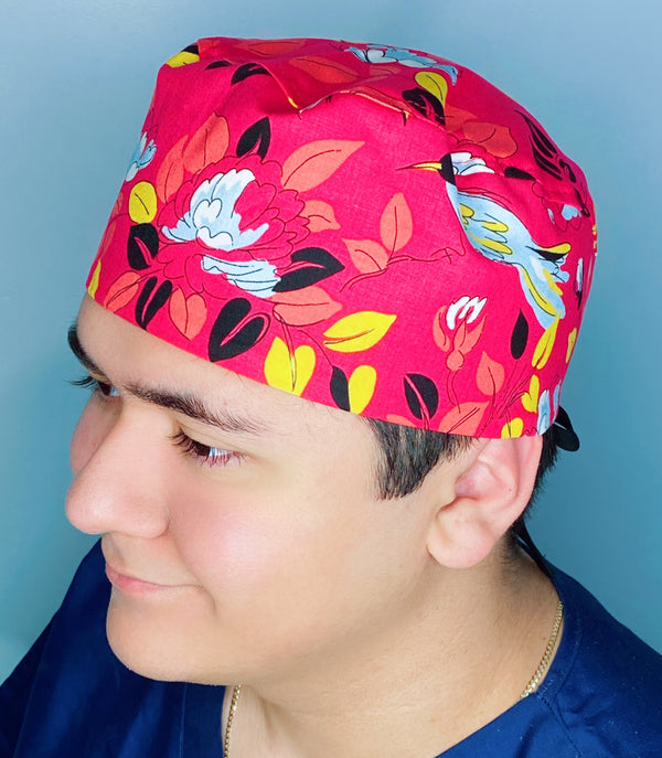 Bright Colorful Leaves Red Floral Design Unisex Cute Scrub Cap