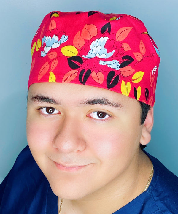 Bright Colorful Leaves Red Floral Design Unisex Cute Scrub Cap