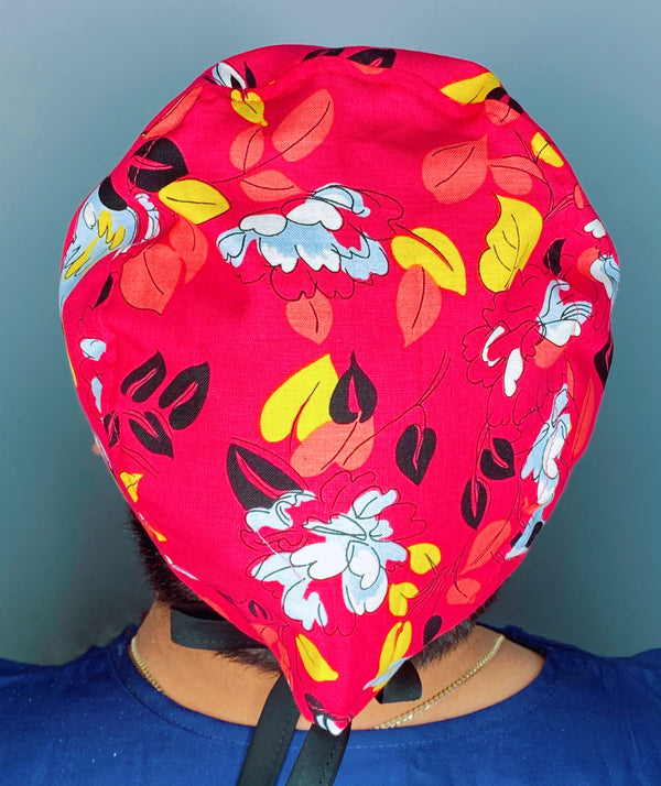 Bright Colorful Leaves Red Floral Design Unisex Cute Scrub Cap