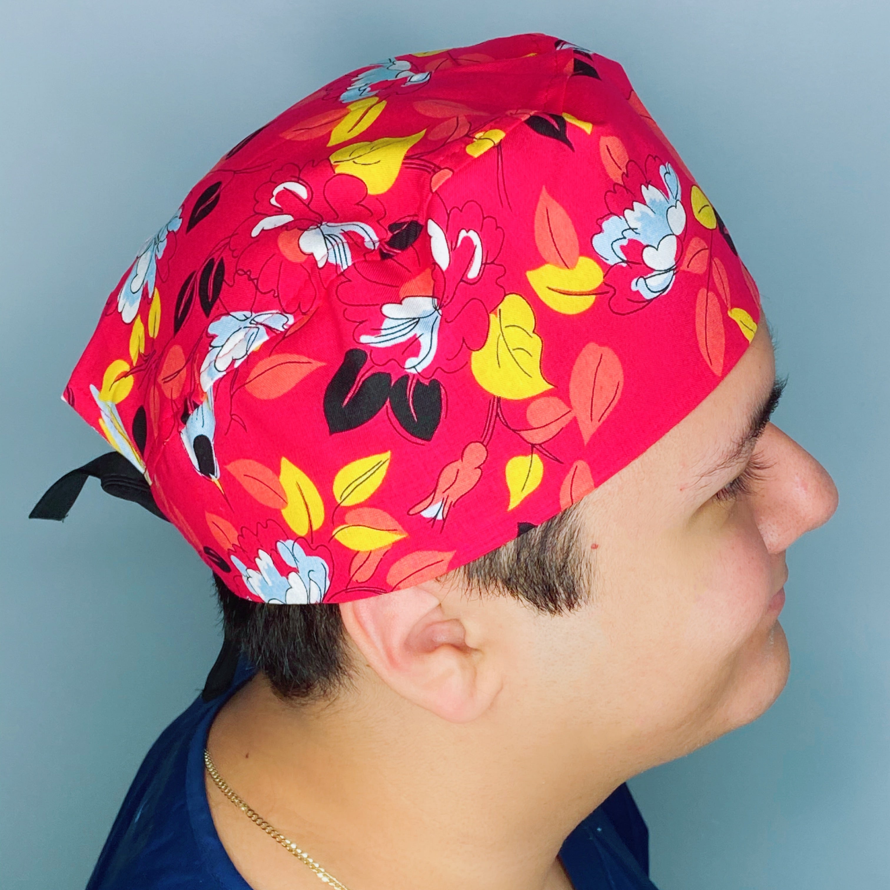 Bright Colorful Leaves Red Floral Design Unisex Cute Scrub Cap
