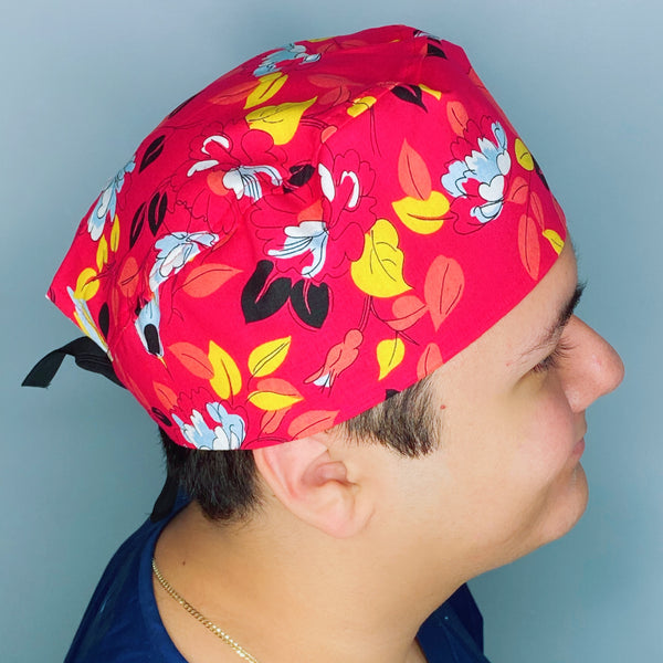 Bright Colorful Leaves Red Floral Design Unisex Cute Scrub Cap