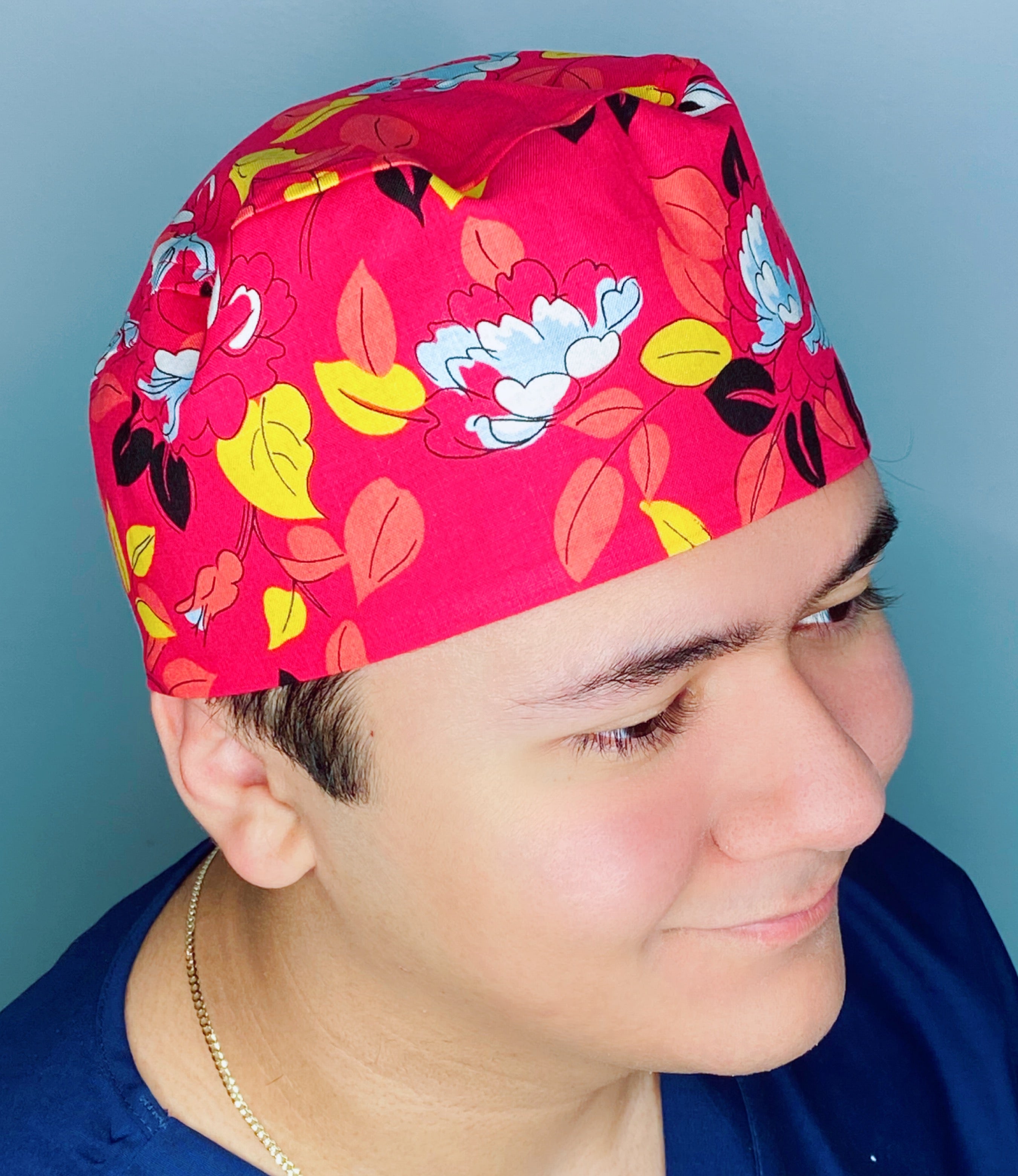 Bright Colorful Leaves Red Floral Design Unisex Cute Scrub Cap