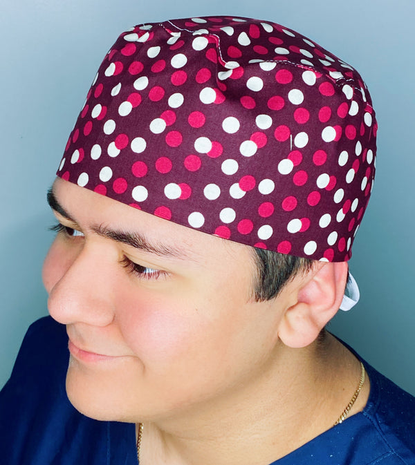 Burgundy Polka Dots Unisex Fancy Scrub Cap