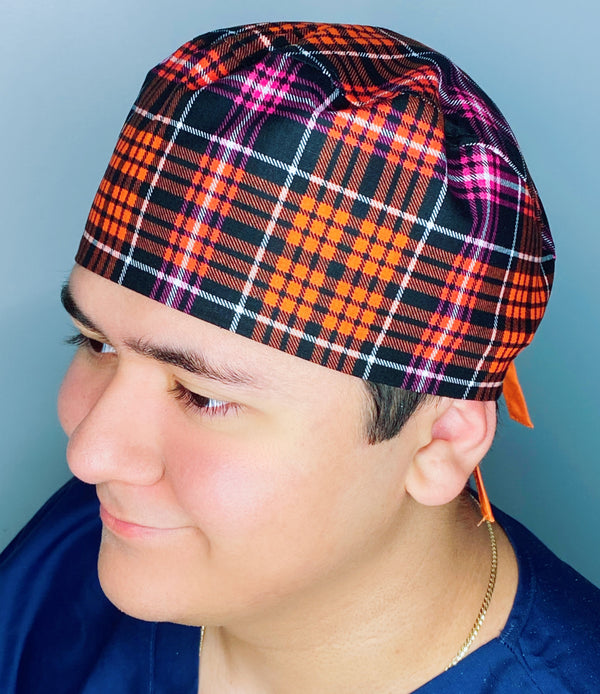 Orange & Pink Plaid Design Unisex Fancy Scrub Cap