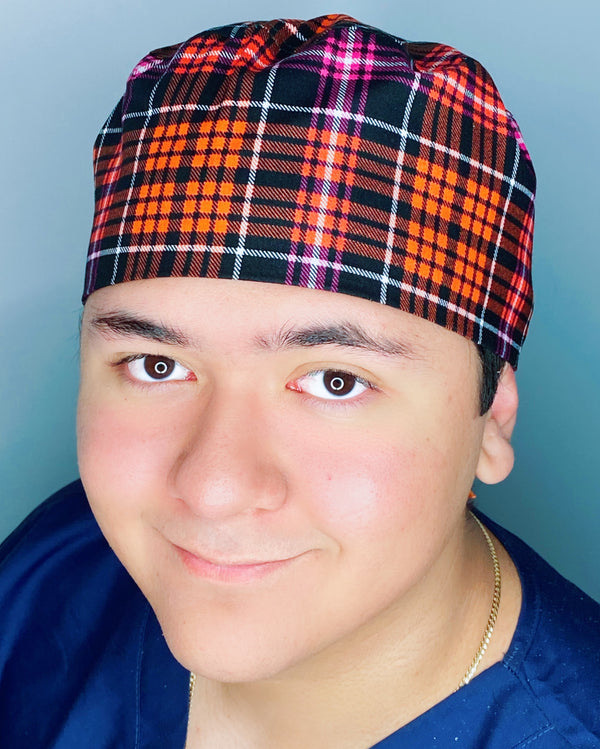 Orange & Pink Plaid Design Unisex Fancy Scrub Cap